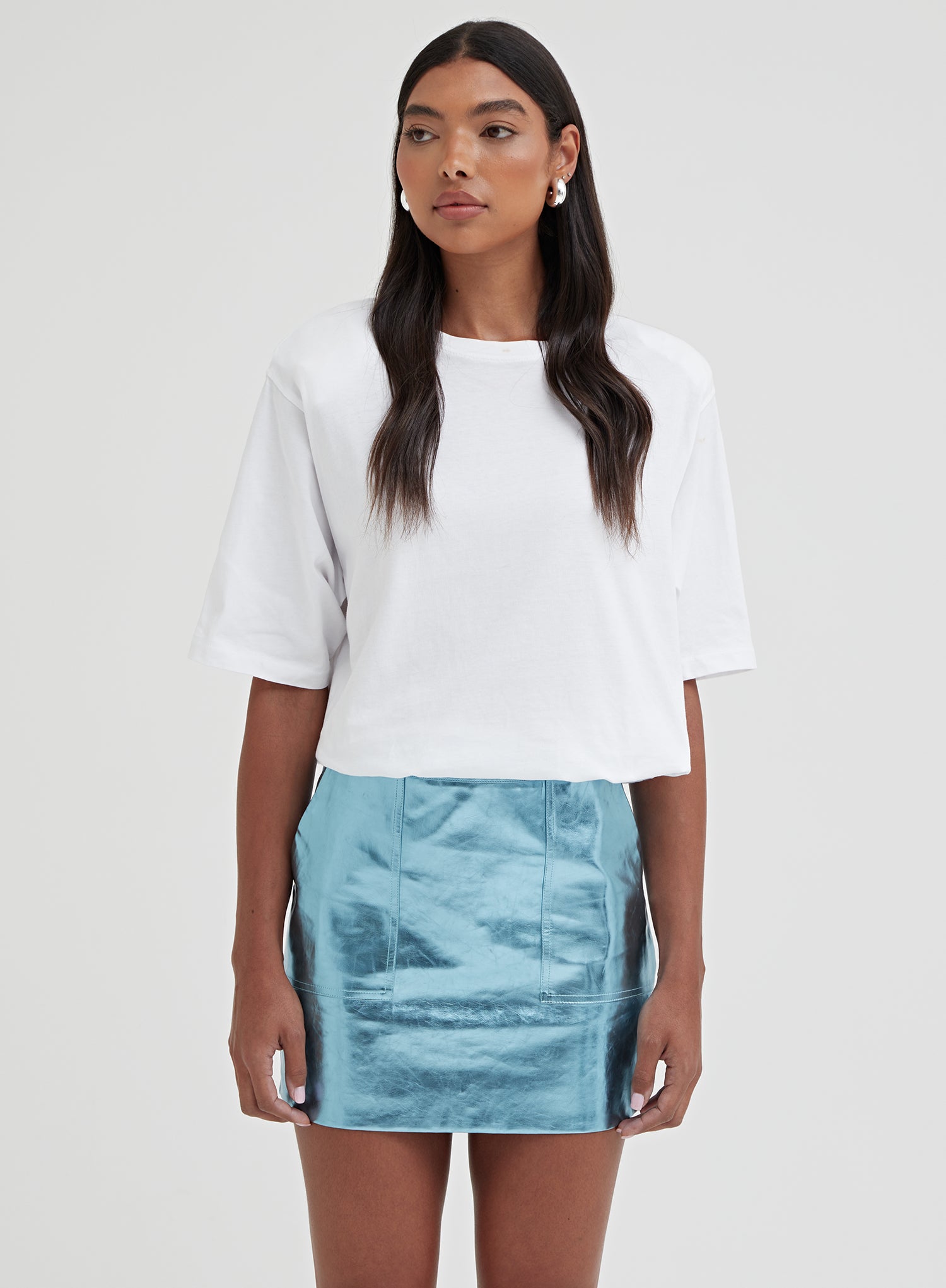 Blue Metallic Faux Leather Mini Skirt